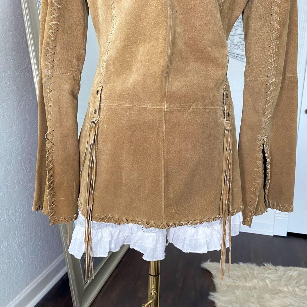 Vintage Tan Brown Suede Western Fringe Whipstitch Split Sleeve Leather Jacket M - Picture 6 of 8